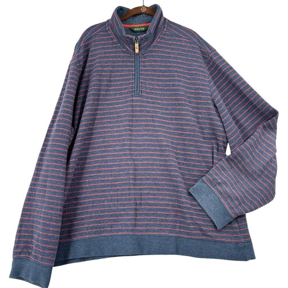Orvis Quarter Zip Pullover Sweater Men's XXL Navy Blue Red Stripe Cotton Blend